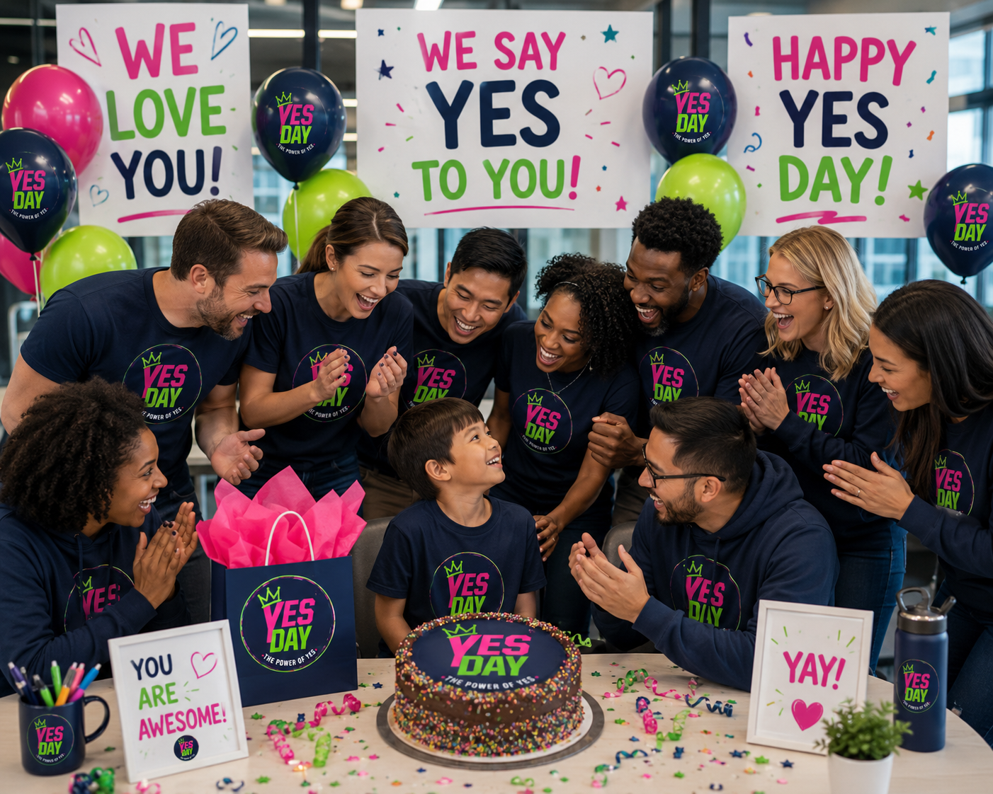 YES DAY team celebrating with a child in the office